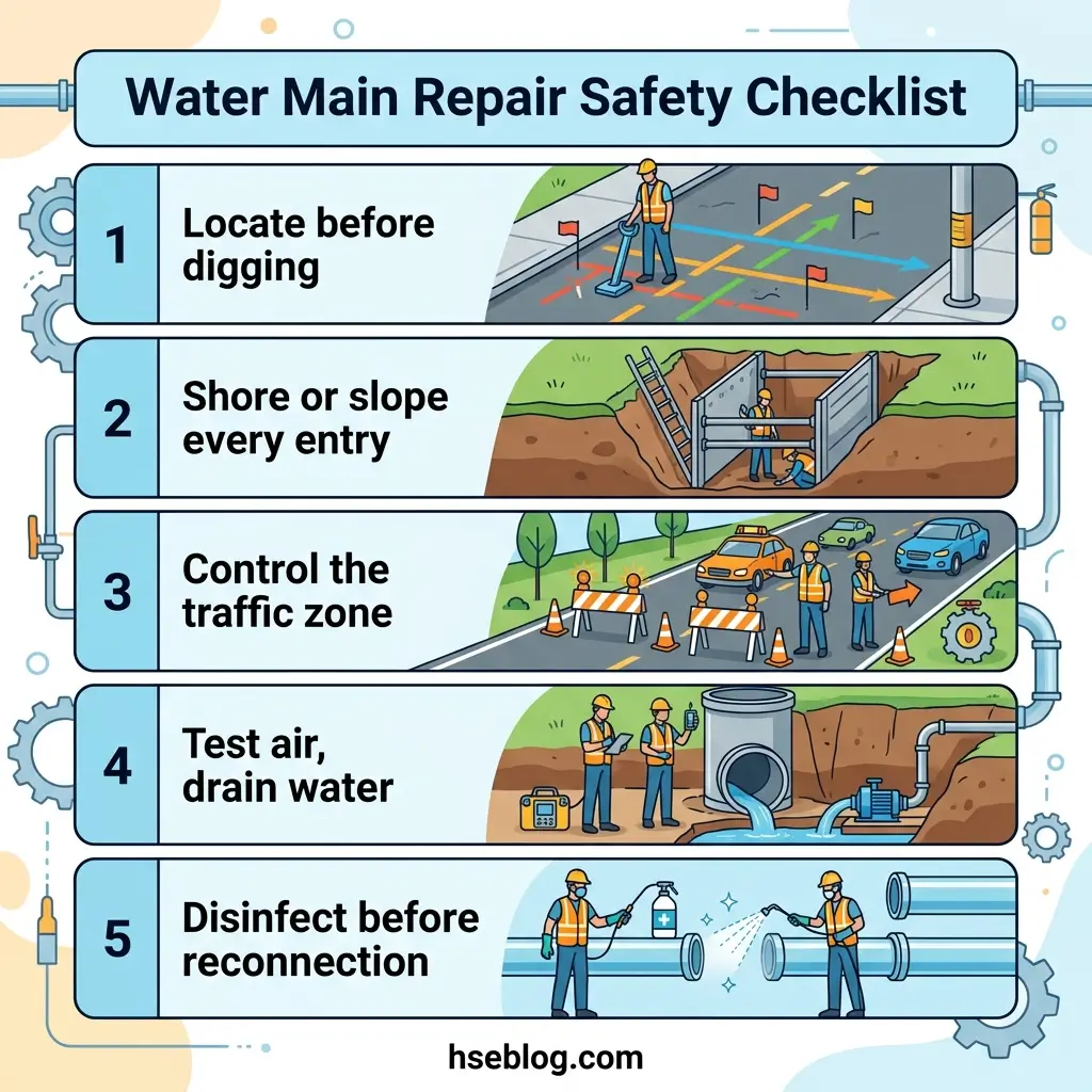 Infographic showing five-step water main repair safety checklist: locating utilities before digging, shoring excavation entries, controlling traffic zones, testing air and draining water, and disinfecting before reconnection.