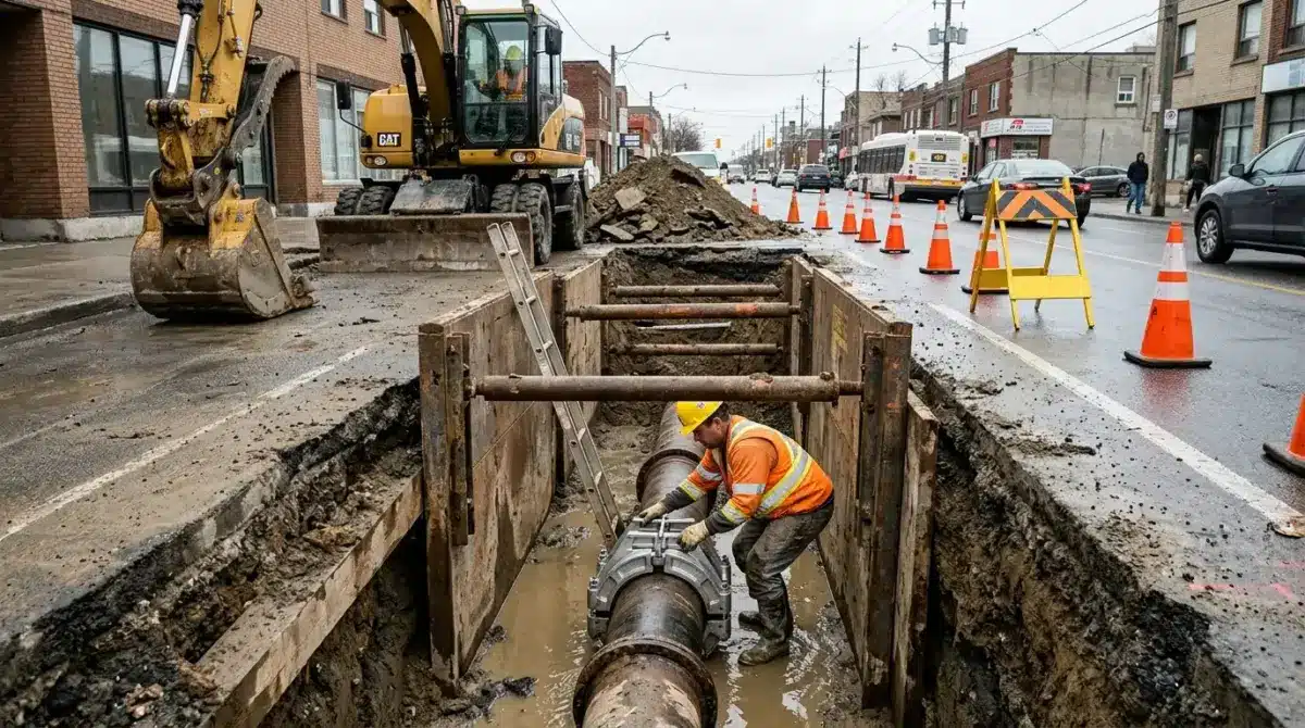 Construction worker in safety gear installing underground pipe in excavated trench on urban street with heavy equipment and traffic control cones.