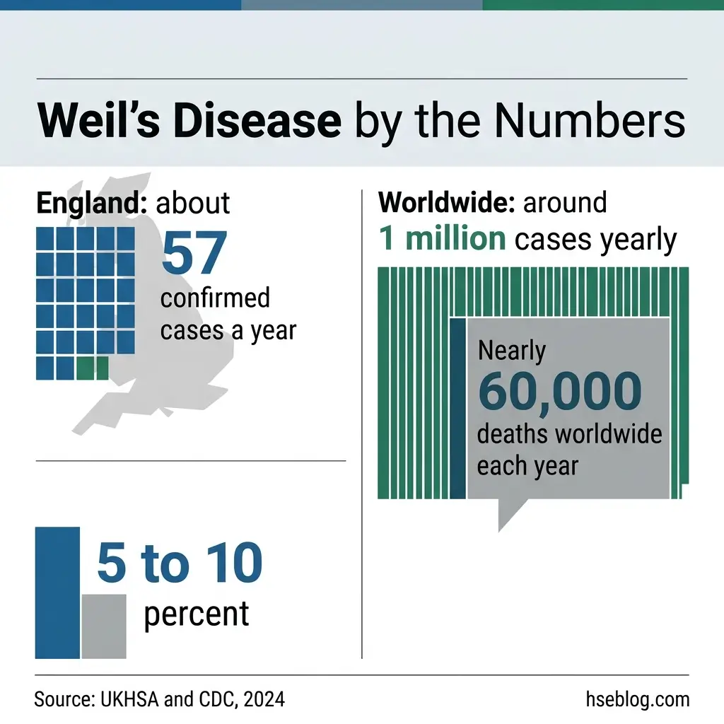 Infographic showing Weil's Disease statistics: England has about 57 confirmed cases yearly, worldwide around 1 million cases with nearly 60,000 deaths annually, and 5 to 10 percent mortality rate.