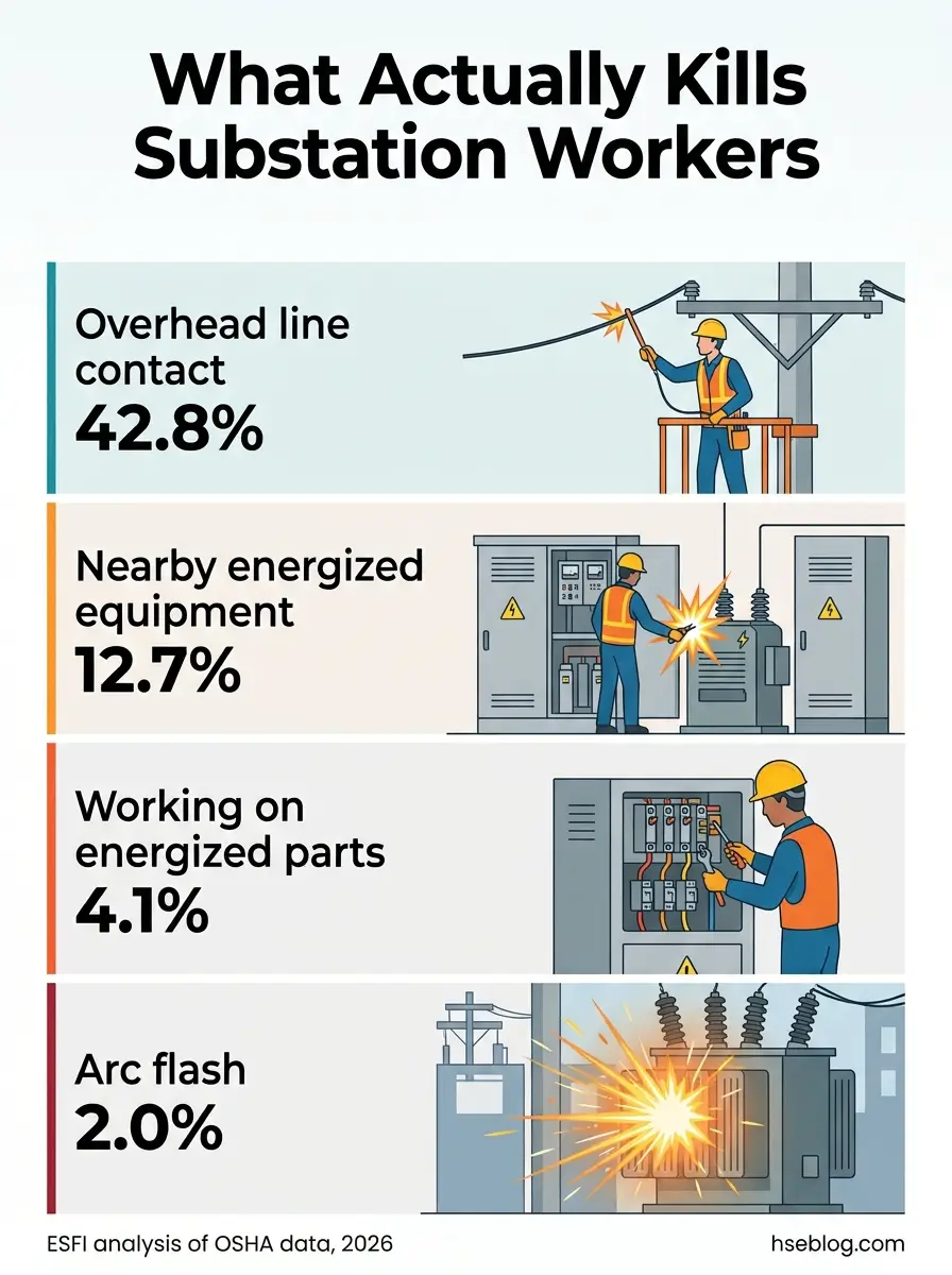 Bar chart showing leading causes of substation worker fatalities: overhead line contact at 42.8%, nearby energized equipment at 12.7%, working on energized parts at 4.1%, and arc flash at 2.0%, based on OSHA data analysis from 2026.