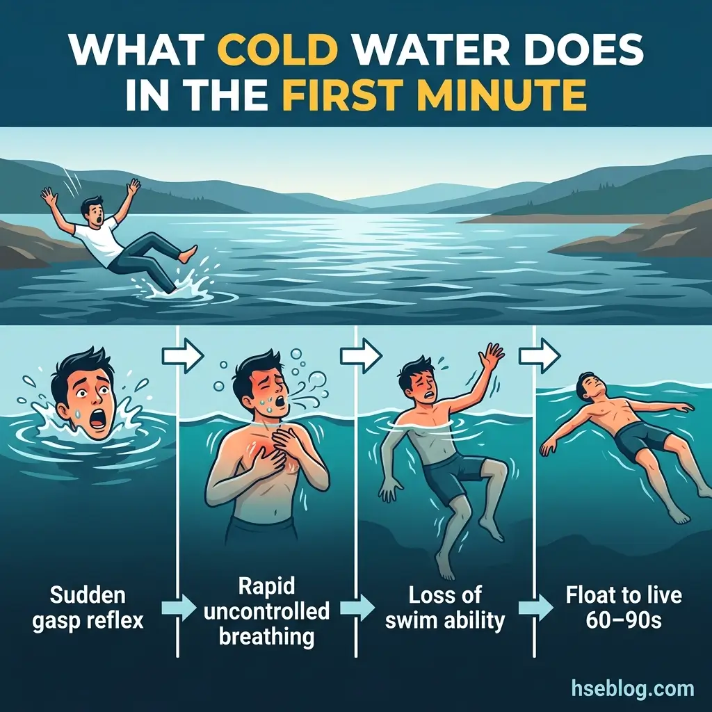 Infographic showing the physiological effects of cold water immersion in the first minute, depicting a person entering water followed by four stages: sudden gasp reflex, rapid uncontrolled breathing, loss of swim ability, and floating to survive.