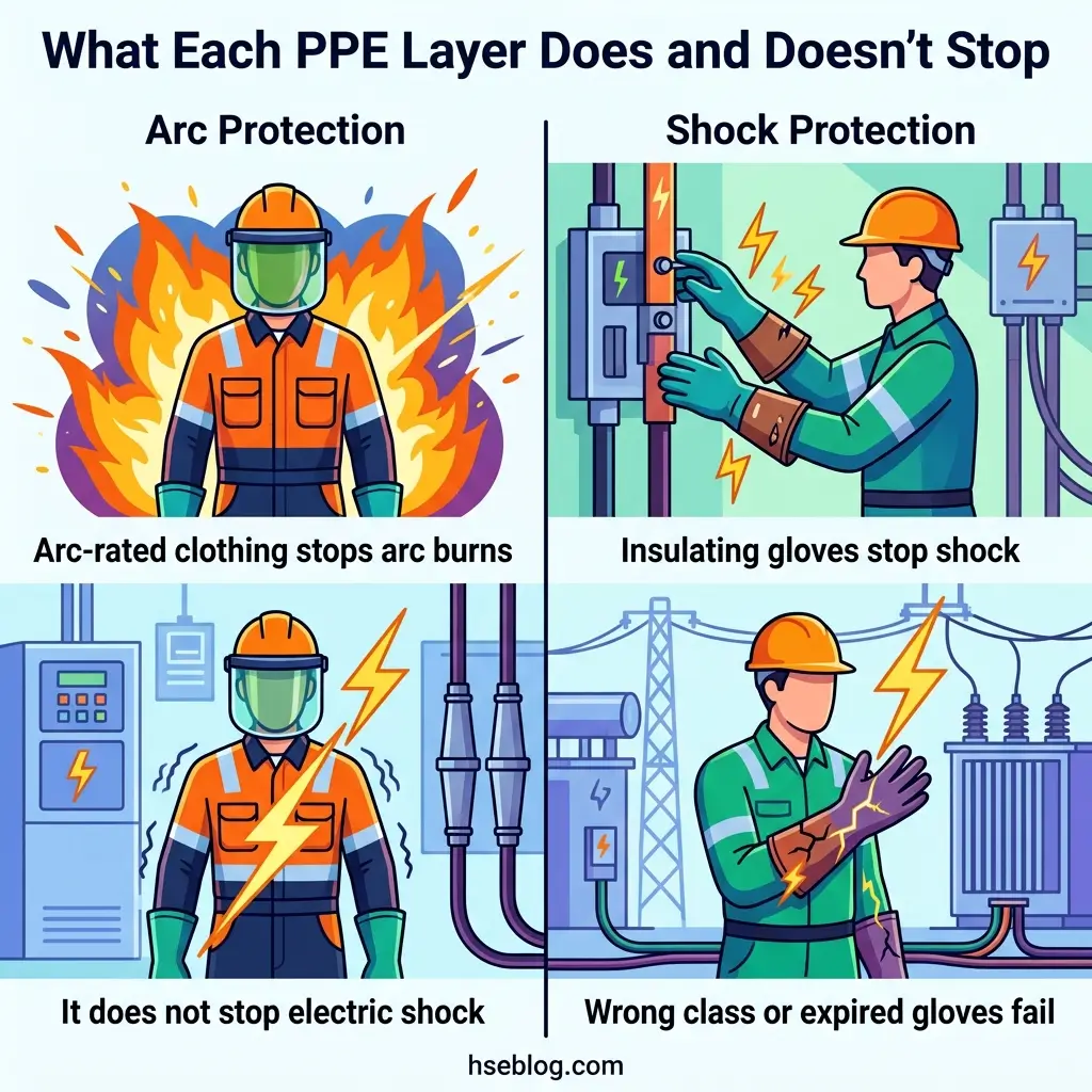 Infographic showing four types of electrical safety PPE: arc-rated clothing that stops burns, insulating gloves that stop shock, arc protection that does not stop electric shock, and shock protection that fails with wrong class or expired gloves.