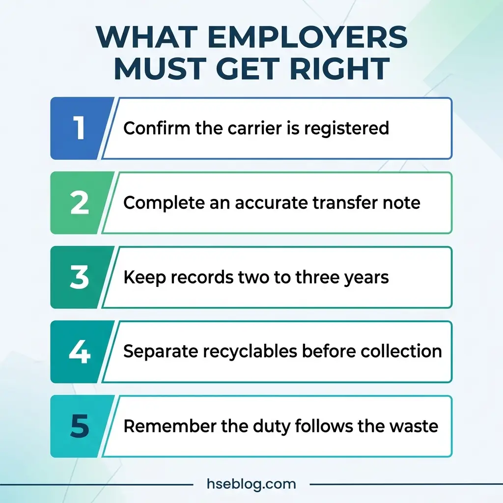 A numbered list showing five key requirements for employers regarding waste management and carrier registration, including verifying carrier status, completing transfer notes, maintaining records, separating recyclables, and understanding duty responsibilities.