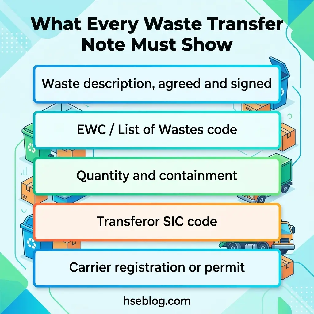 Infographic showing five key requirements for waste transfer notes: waste description, EWC code, quantity and containment, transferor SIC code, and carrier registration or permit.