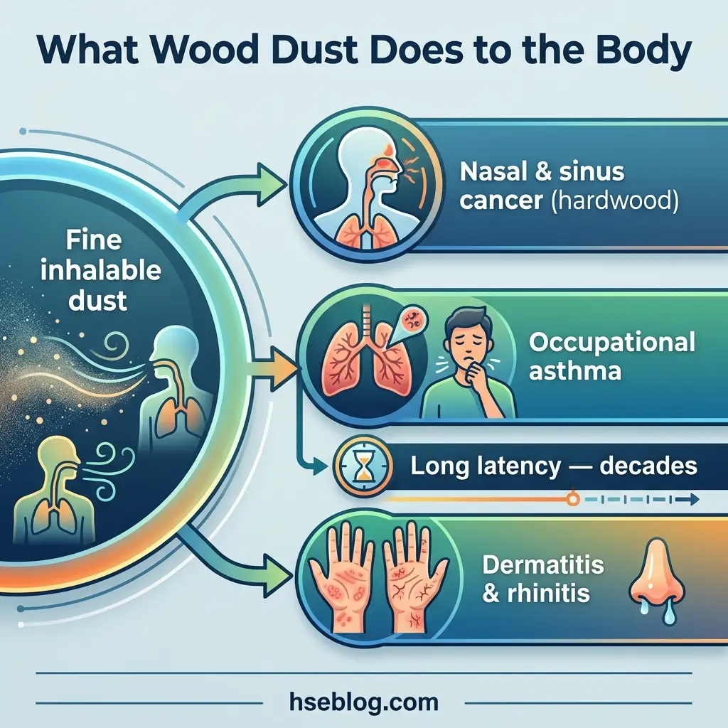Infographic showing health effects of inhaling fine wood dust, including nasal and sinus cancer, occupational asthma, long-term latency effects, and dermatitis with anatomical illustrations.