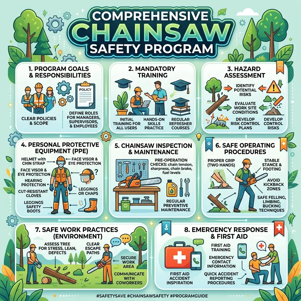 Infographic displaying eight essential components of a comprehensive chainsaw safety program, including training, personal protective equipment, hazard assessment, inspection procedures, safe operating techniques, work practices, and emergency response guidelines.