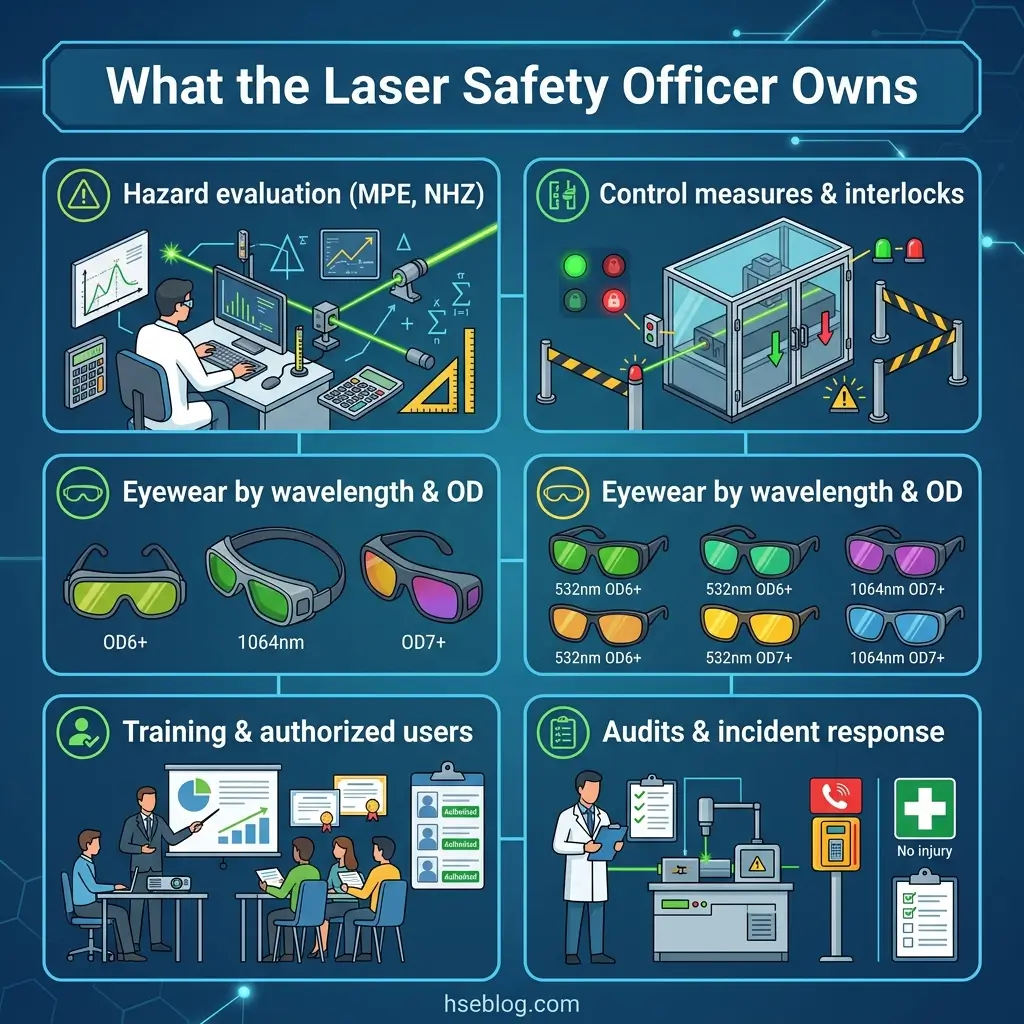 Infographic showing six key responsibilities of a laser safety officer: hazard evaluation, control measures and interlocks, wavelength-specific eyewear, authorized user training, and audits with incident response procedures.