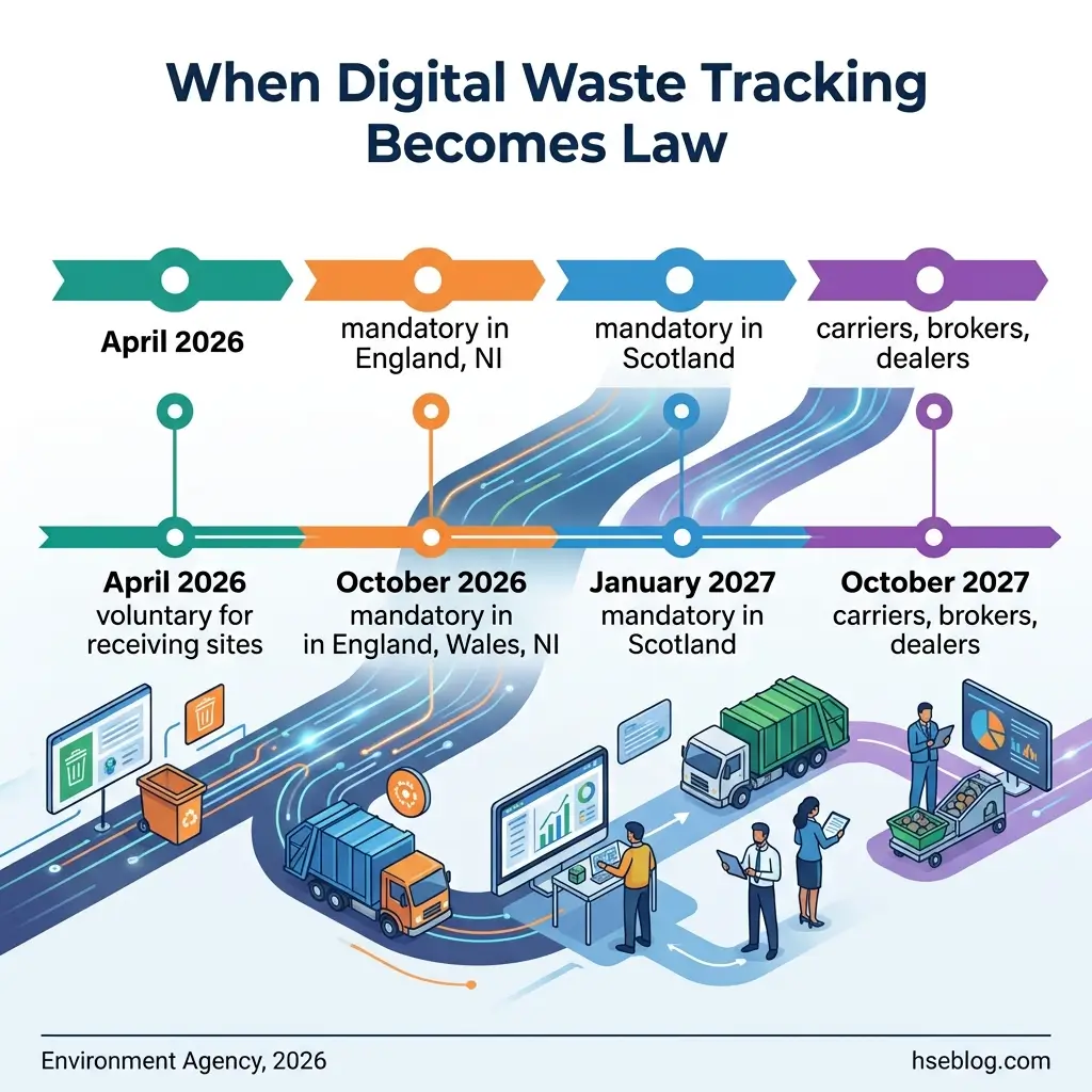 Timeline showing digital waste tracking implementation across UK regions from April 2026 to October 2027, with phases for receiving sites, England, Wales, Northern Ireland, and Scotland, illustrated with waste management trucks and workers.