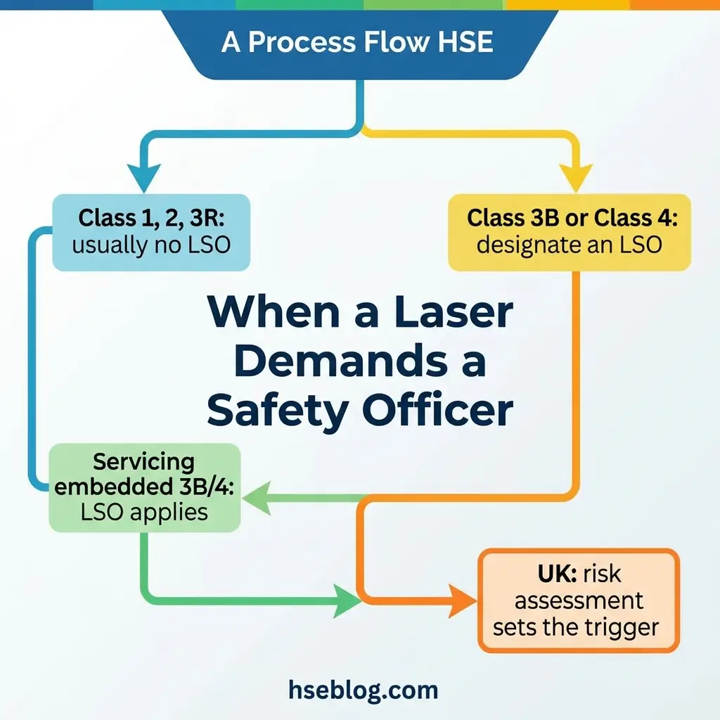 Flowchart showing when a laser safety officer is required based on process flow HSE classifications, from Class 1-4 lasers through to UK risk assessment triggers.