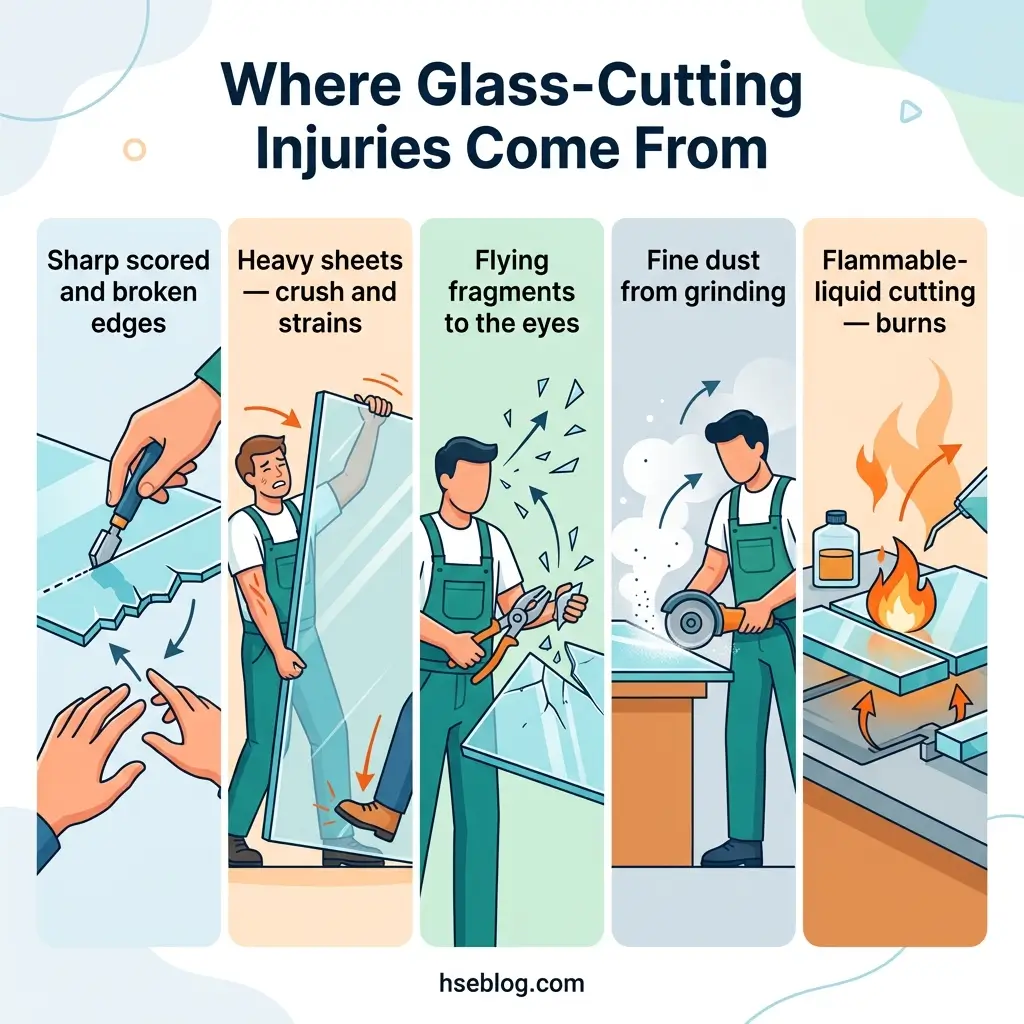 Infographic showing five common sources of glass-cutting injuries: sharp scored edges, heavy sheets causing crush injuries, flying fragments affecting eyes, fine dust from grinding, and flammable-liquid cutting causing burns, each illustrated with a worker demonstration.