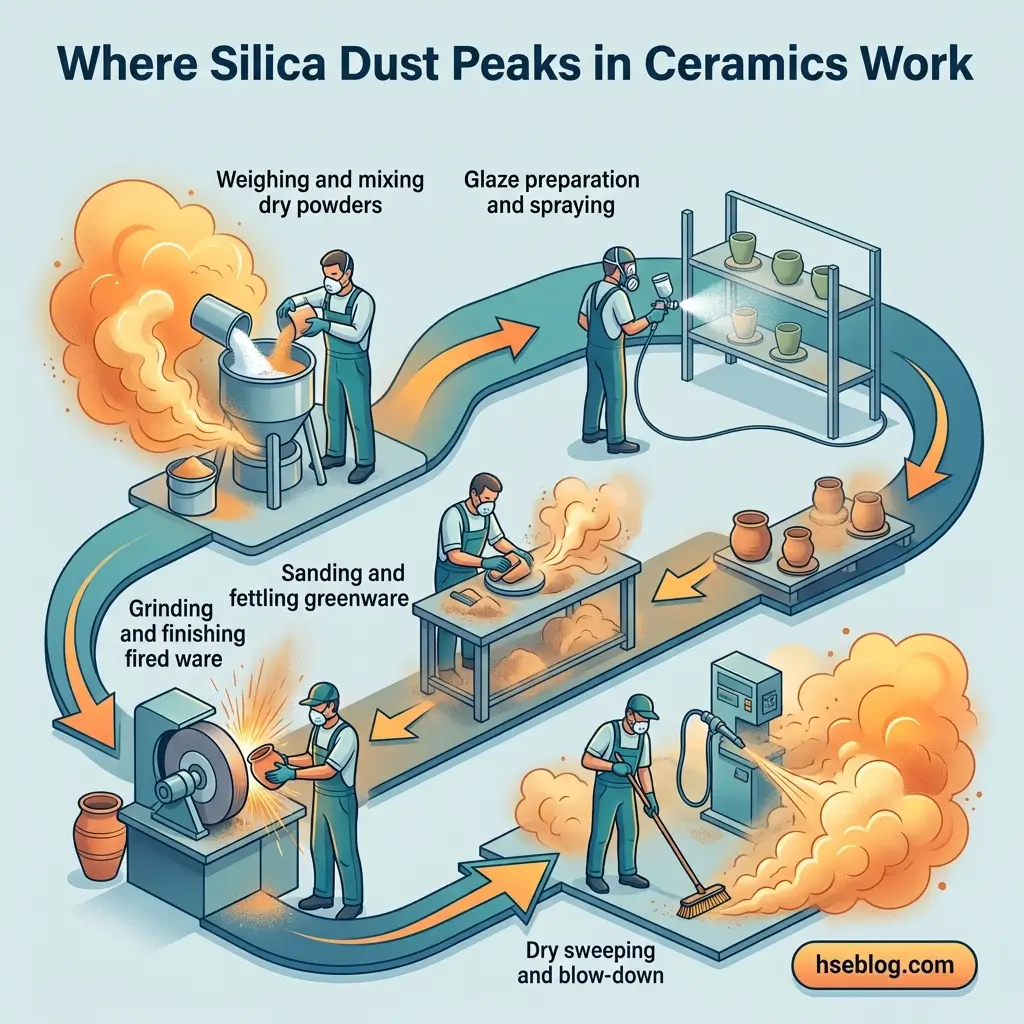 Illustrated diagram showing five stages of ceramic production where silica dust exposure peaks: weighing dry powders, glaze preparation and spraying, sanding greenware, grinding fired ware, and dry sweeping with dust clouds visible at each station.