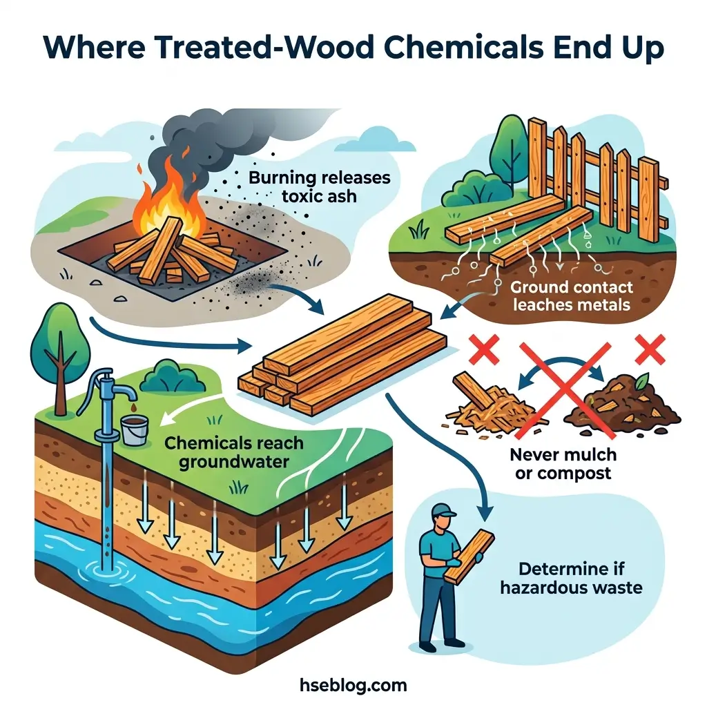 Infographic showing where treated-wood chemicals end up: burning releases toxic ash, ground contact leaches metals into soil, chemicals contaminate groundwater, and disposal requires hazardous waste determination.
