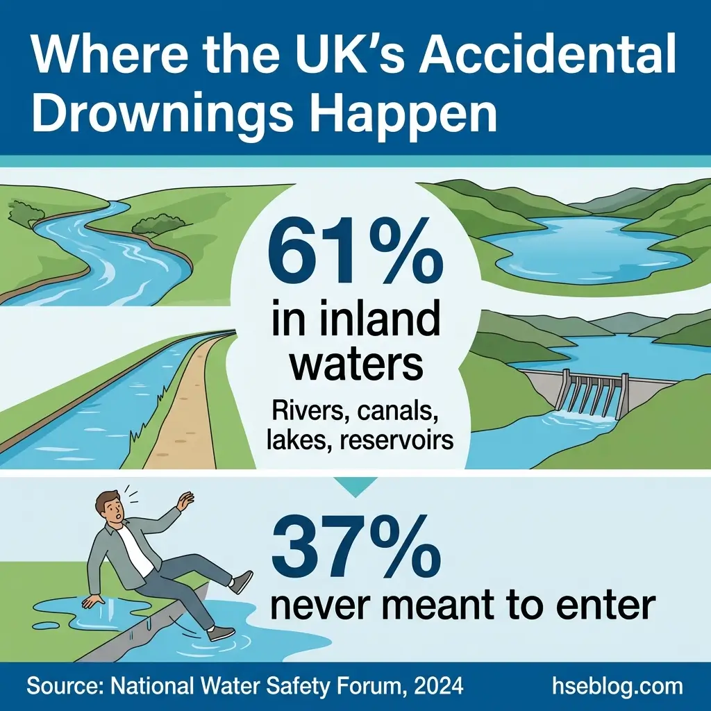 Infographic showing UK accidental drowning statistics: 61% occur in inland waters like rivers and lakes, while 37% of victims never intended to enter the water.