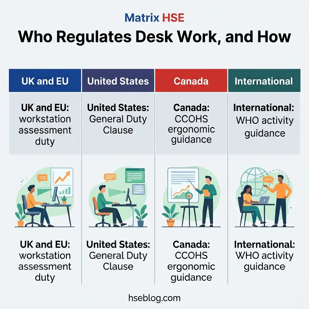 Comparison chart showing desk work regulations across four regions: UK and EU use workstation assessment duty, United States follows General Duty Clause, Canada applies CCOHS ergonomic guidance, and International standards rely on WHO activity guidance.