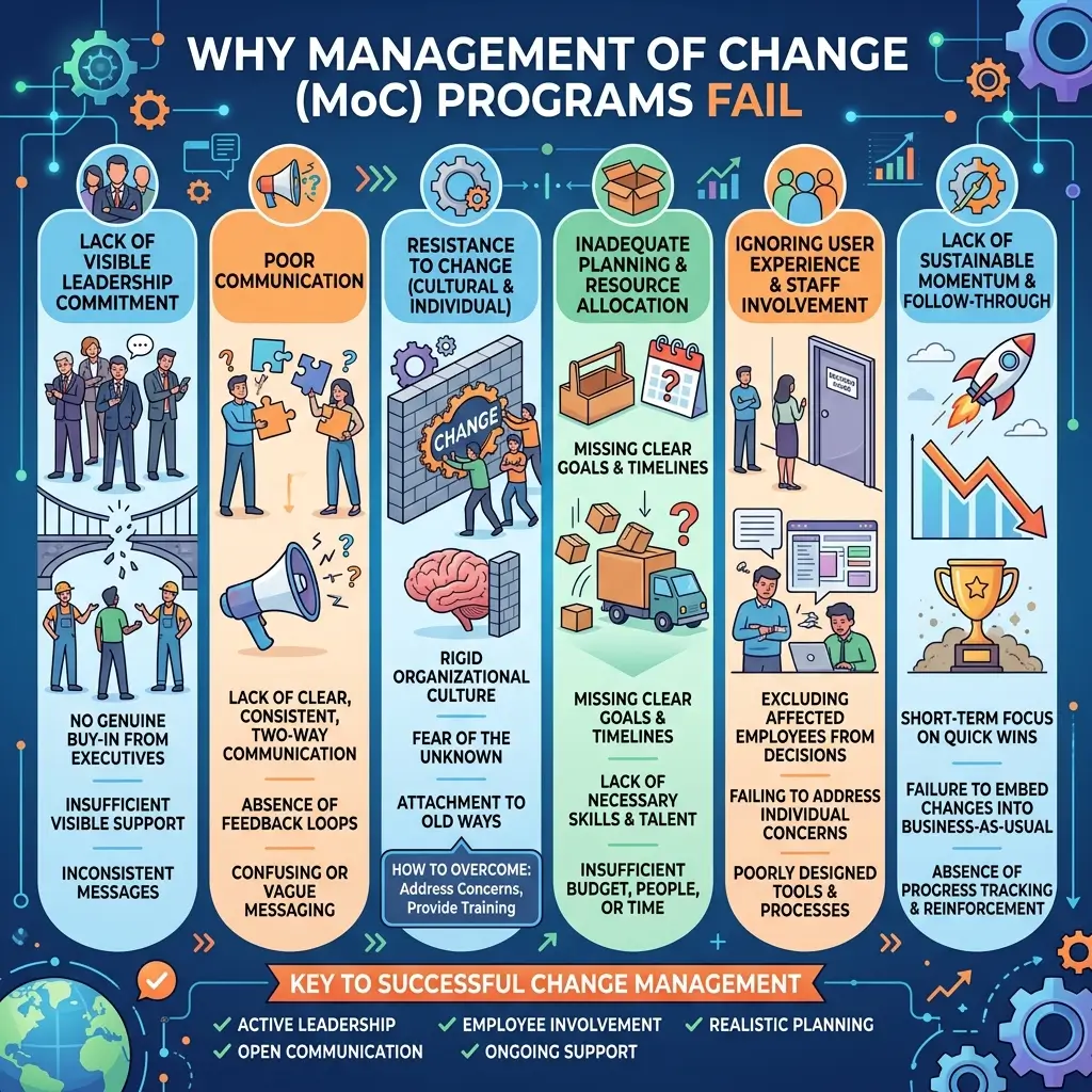 Infographic explaining six key reasons why management of change programs fail, including poor communication and lack of leadership, with solutions and best practices for successful change management highlighted at the bottom.