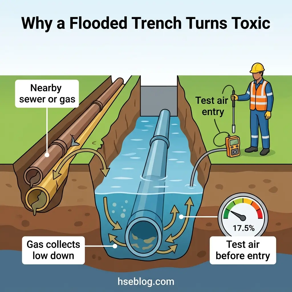 Diagram showing a flooded construction trench with nearby sewer and gas pipes, illustrating how hazardous gases collect at the bottom and require air testing before worker entry.