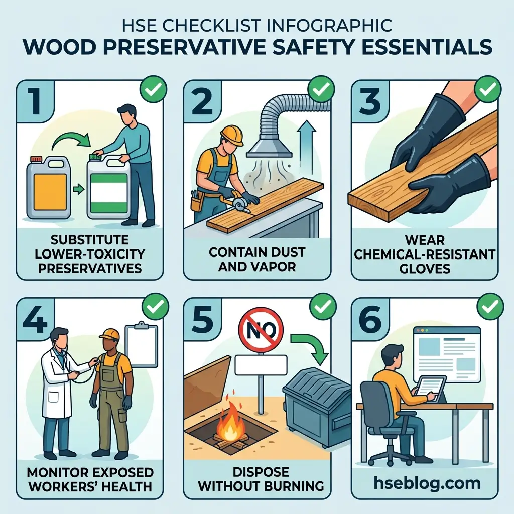 Infographic showing six essential safety measures for wood preservative handling: using lower-toxicity products, containing dust and vapor, wearing chemical-resistant gloves, monitoring worker health, proper waste disposal without burning, and documentation practices.